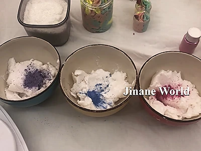 DIY Foaming Body Scrub. Add mica color powder, each bowl with a different color