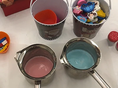 DIY Glycerine Soap with Toys. Blue and red cups