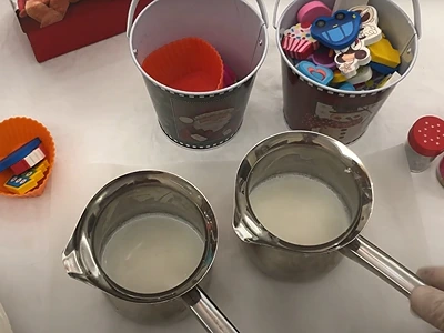 DIY Glycerine Soap with Toys. Split the contents into 2 cups