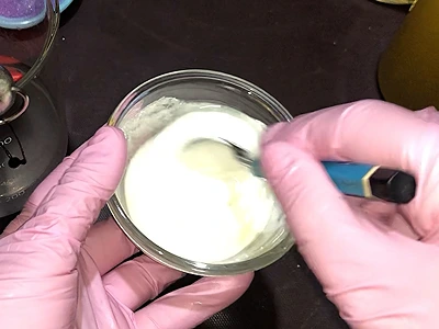 DIY Cold Process Lavender Soap. Mix of titanium dioxide with glycerine