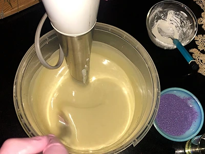 DIY Cold Process Lavender Soap. The mix color after adding the titanium dioxide solution