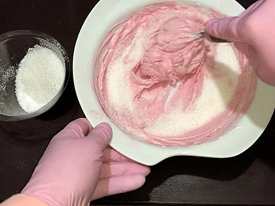 DIY Strawberry Scented Body Scrub. Add sugar gradually and mix