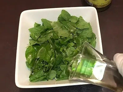 DIY Natural Mint Oil. Pour mainly sunflower oil to submerge the leaves