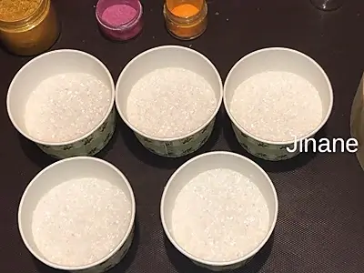 DIY Bath Salts for Cleansing and Relaxation. Several small bowls for different colors