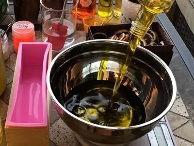 DIY Orange Cold Process Soap. Pour olive oil in a bowl