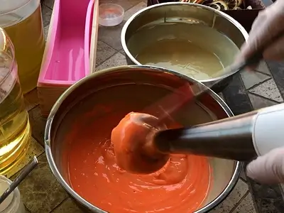 DIY Orange Cold Process Soap. the two halves have one color each