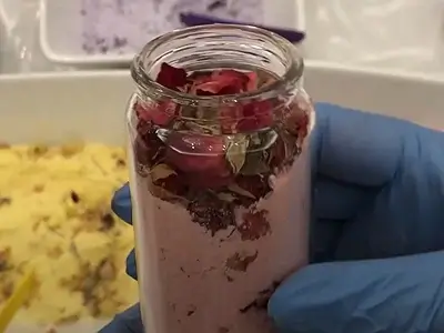 Homemade Foot Soak for Dry Feet. This bottle has a single salt color. Top layer is dried flowers